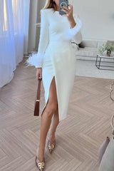 Ultimate Elegance Feather Trim Sleeve Slit Midi Dress