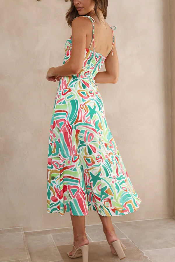 Like A Melody Printed Smocked Back Slit Midi Dress