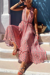 Vacay Mood Polka Dots Print Back Lace-up Swing Maxi Dress