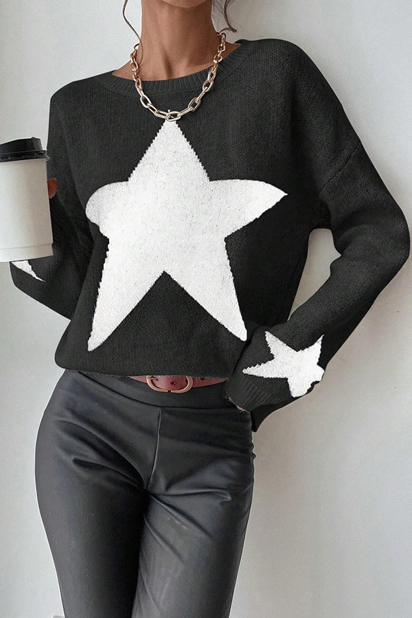 Essnce Star Pattern Crew Neck Long Sleeve Sweater