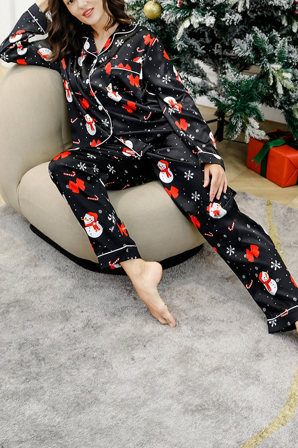 Holiday Traditions Button Up Shirt Elastic Waist Pocketed Pajama Set