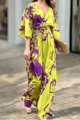 Dolman Sleeved Floral Print Stretch High Rise Maxi Jumpsuit