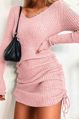 V-neck Long-sleeved Slim Threaded Pleated Drawstring Bottoming Skirt