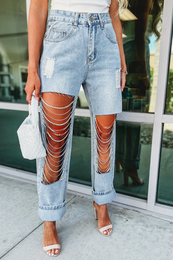 Dripping Diamonds Chain Cut Out Side Pocket Straight Leg Jeans