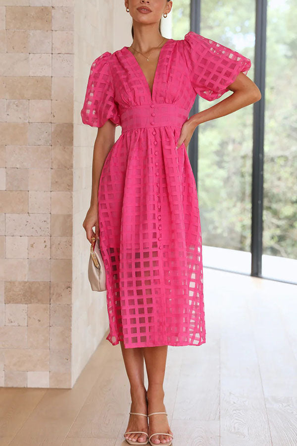 Remarkable Beauty Square Patterned Fabric Puff Sleeve Midi Dress