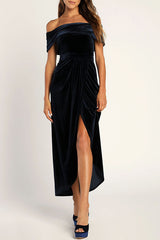 Enchanted Black Velvet Off The Shoulder Midi Dress