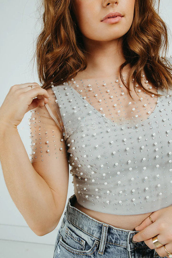 Rhinestone & Pearls Short Sleeve Mesh Crop Top