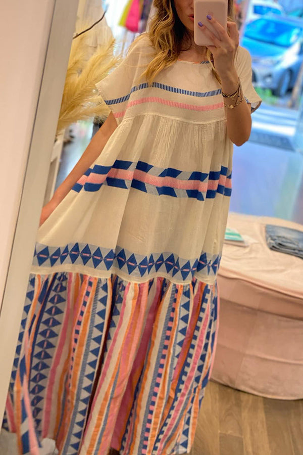 Vacation Feeling Linen Blend Ethnic Style Printed Loose Maxi Dress