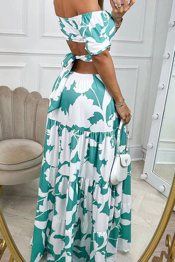 Island Vacay Printed Off Shoulder Cutout Waist Maxi Dress