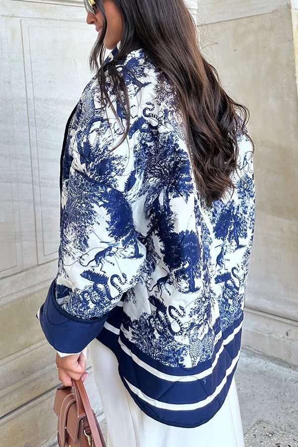 Romantic Songs Porcelain Ink Printed Pocket Quilted Cotton Kimono Jacket