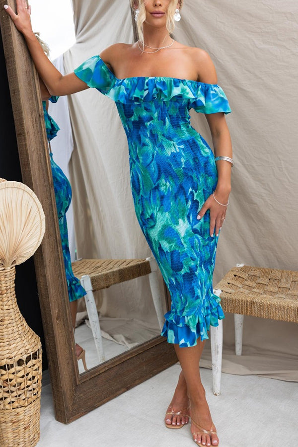 Lost In Mykonos Floral Off Shoulder Ruffle Smocked Midi Dress