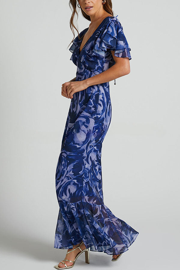 Lover By Day Swirl Pattern Flutter Sleeve Maxi Dress