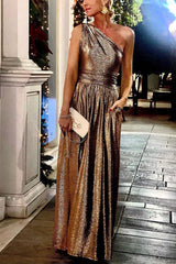 Talk of The Party Metallic Pocketed One Shoulder Maxi Dress