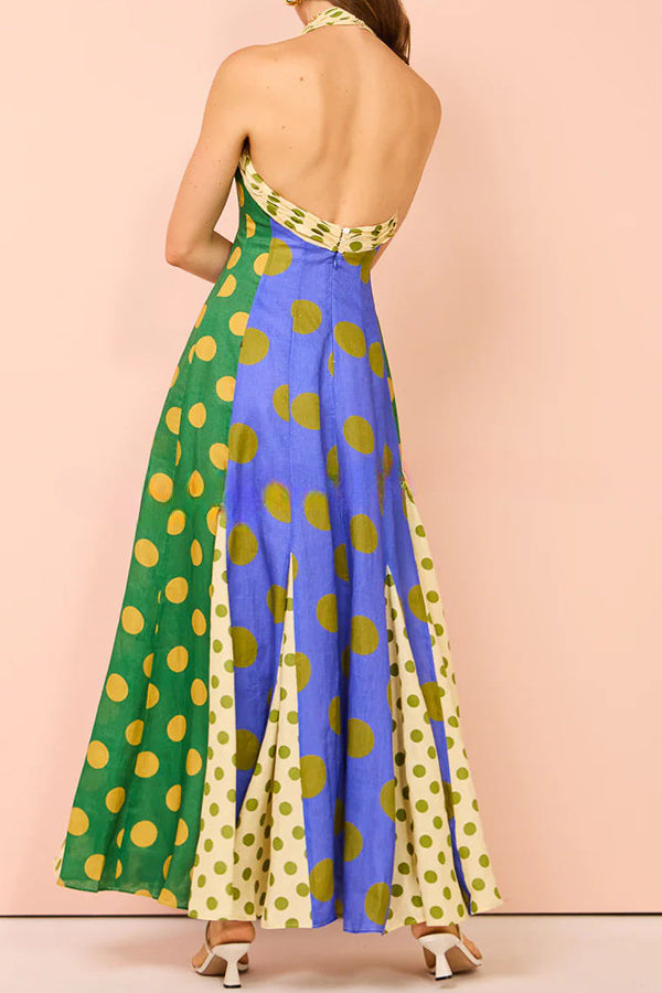 Contrast Color Polka Dot Print Back Zipper Halter Button Maxi Dress