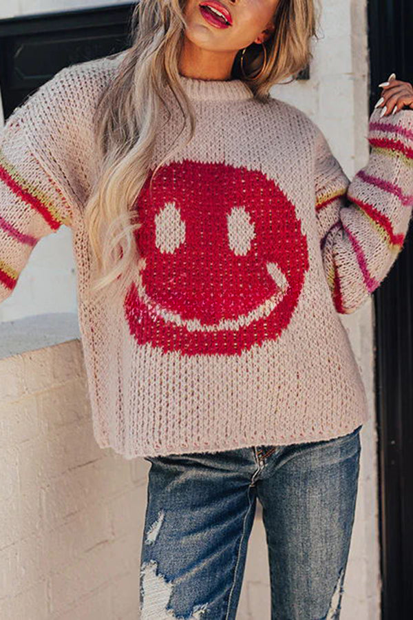 Fall Into Happiness Knit Smiley Face Striped Pullover Sweater