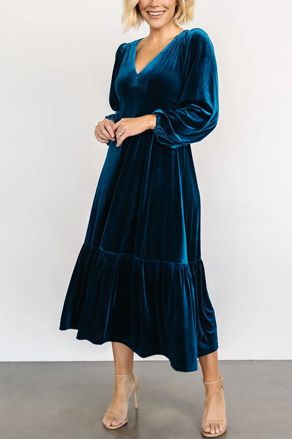 Erika Puff Sleeved Velvet Ruffled Midi Dress