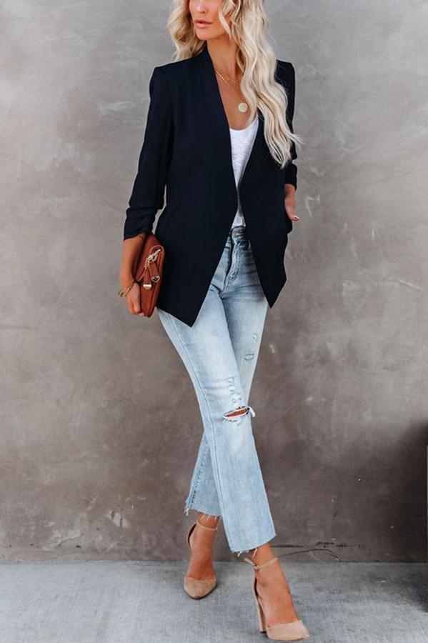 Uptown Girl Ruched Sleeves Pocketed Blazer