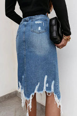 Casual Temperament Irregular Ripped Fringed Mid Length Pocket Skirt