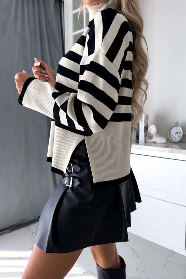 Code Striped Turtleneck Long Sleeved Sweater