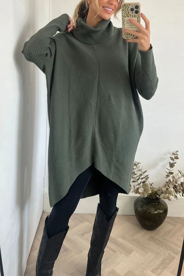 Perfect  Winter Walks Knit Turtleneck High-low Hem Loose Midi Sweater