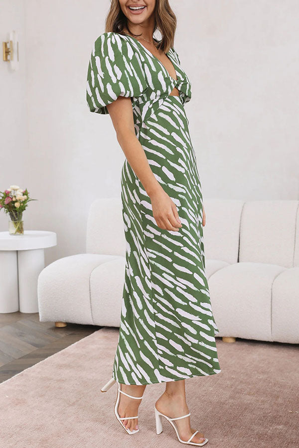 Sweetest Hello Printed Balloon Sleeves Twist Midi Dress