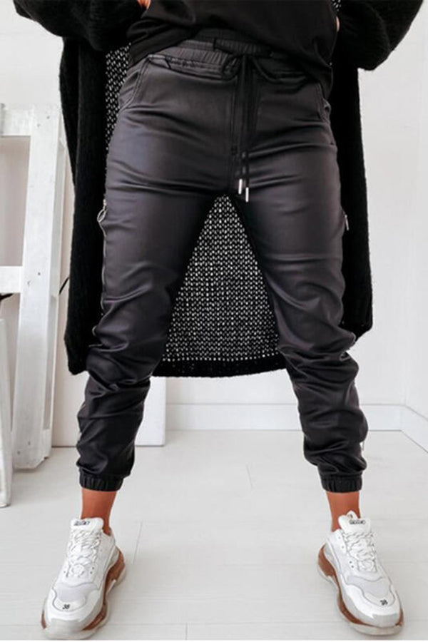 Liya Zipper Design Drawstring Ruched PU Pants