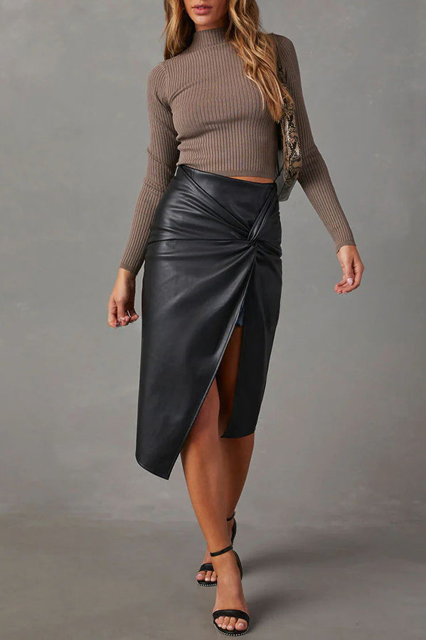 Like Wow Leather Twist Zip Skirt