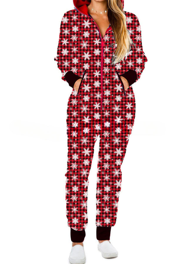 Loungewear-Overall mit Weihnachtsdruck, Reißverschlusstaschen und Kapuze