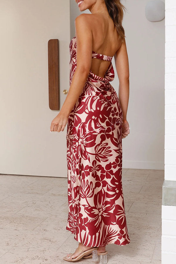 Rubie Satin Printed Strapless Elastic Back Band Maxi Dress