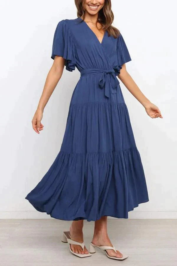 Elegant Flared Sleeve Tie Midi Dress