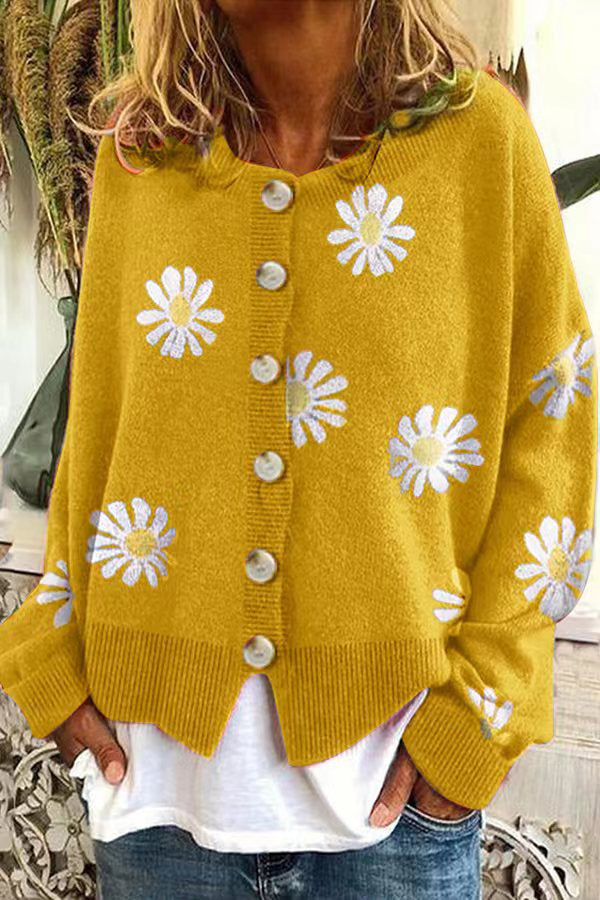 Chrysanthemum Embroidery Knitting Button Down Cardigan Coats