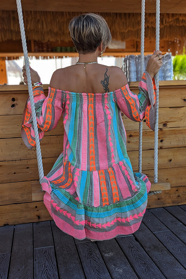 Friendly Shores Linen Blend Ethnic Print Off Shoulder Loose Mini Dress