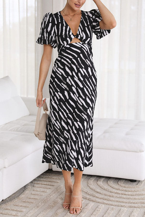 Sweetest Hello Printed Balloon Sleeves Twist Midi Dress