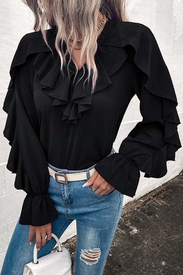 Ruffled Sleeve V Neck Button Down Commuter Shirt