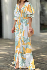 Floral Print Shirt Neck Puff Sleeve Button Maxi Dress