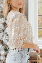 Sparkling Gold Sequin Tassel Long Sleeve Top