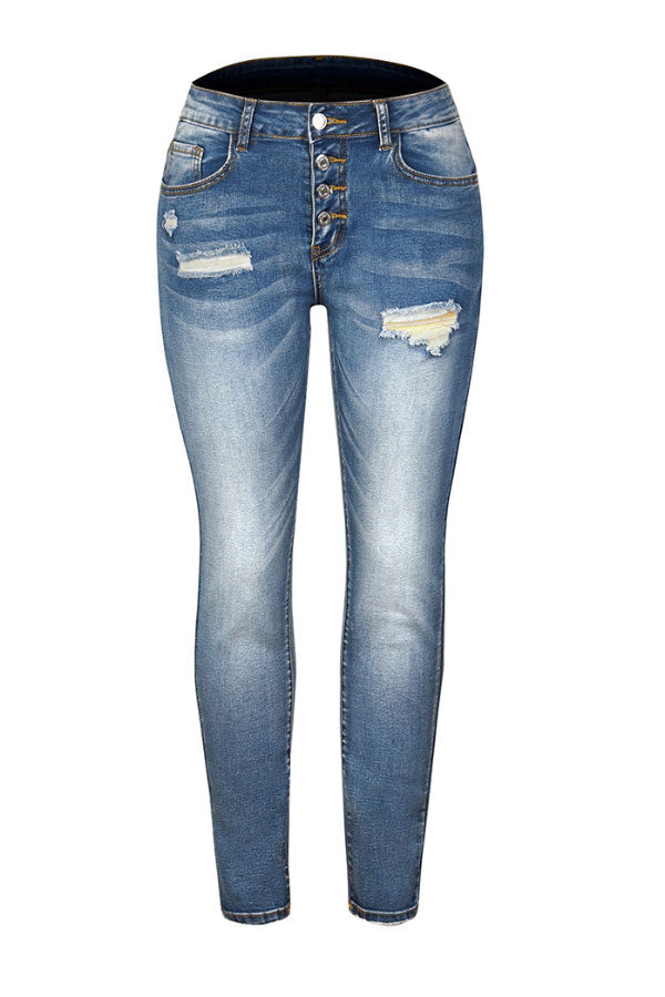 Slim-fit Ripped Multi-button Jeans