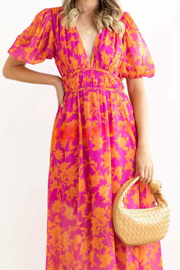 V Neck Multi Print Stretch Waist Hidden Zip Maxi Dress