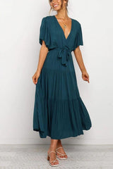 Elegant Flared Sleeve Tie Midi Dress