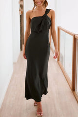 Grand Glimmer Satin One Shoulder Strap Maxi Dress