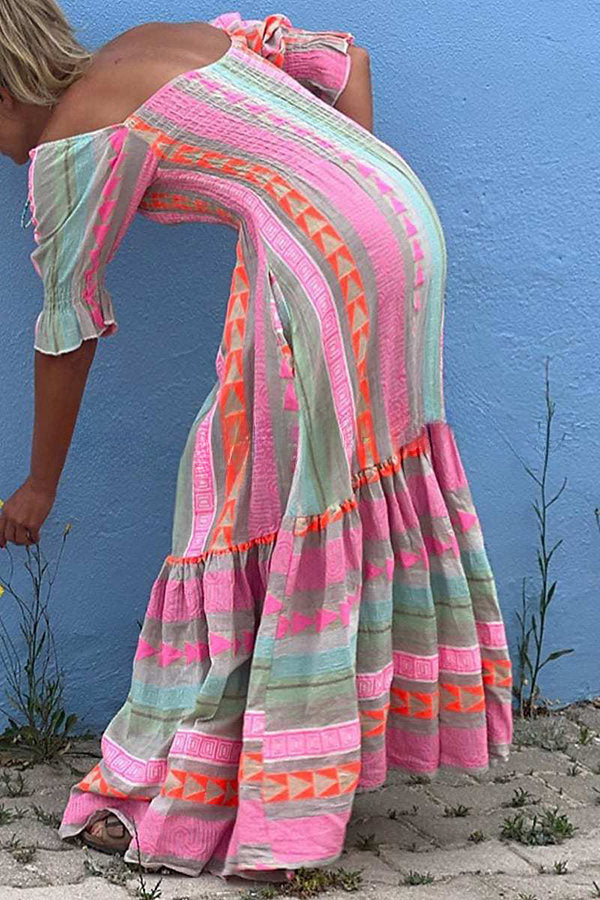 Music Festival Geometric Color Block Pocketed Smocked Boho Maxi Dress