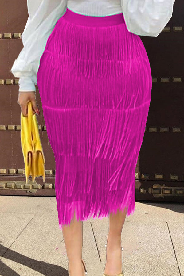 Solid Color High Waist Elastic Waist Pleat Fringed Skirt