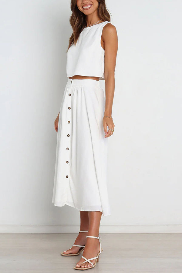 Lainey Crop Top and Pocketed Button Front Midi Skirt Set