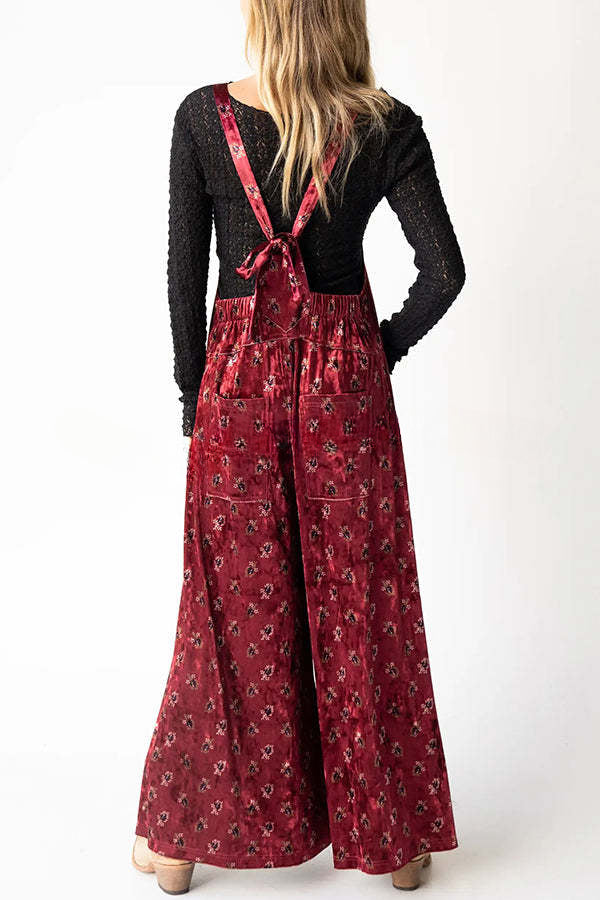 Comfy and Cute Velvet Tie-Back Pocketed Wide Leg Overalls