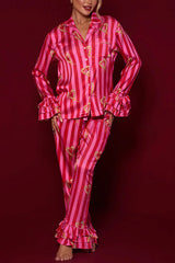 Festive Season Long Candy Stripe Tiered Bell Cuffs Elastic Waist Pocketed Pajama Set