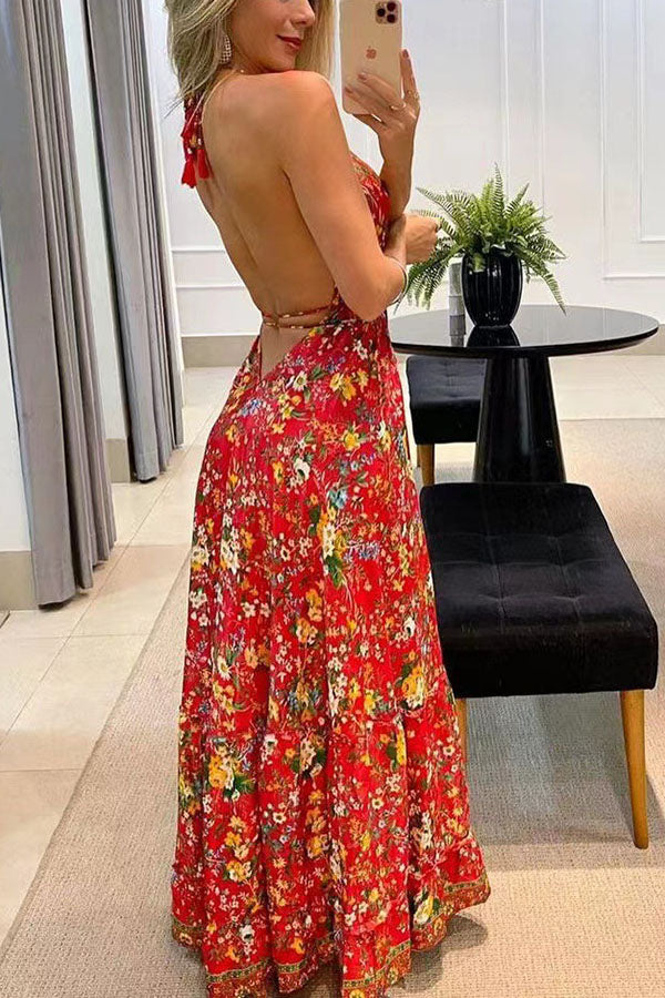 True Meaning Printed Backless Vacation Maxi Dress