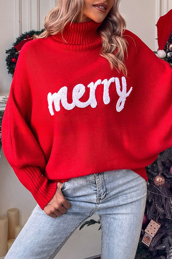 Happy Holidays Contrast Monogram Turtleneck Dolman Sleeve Sweater