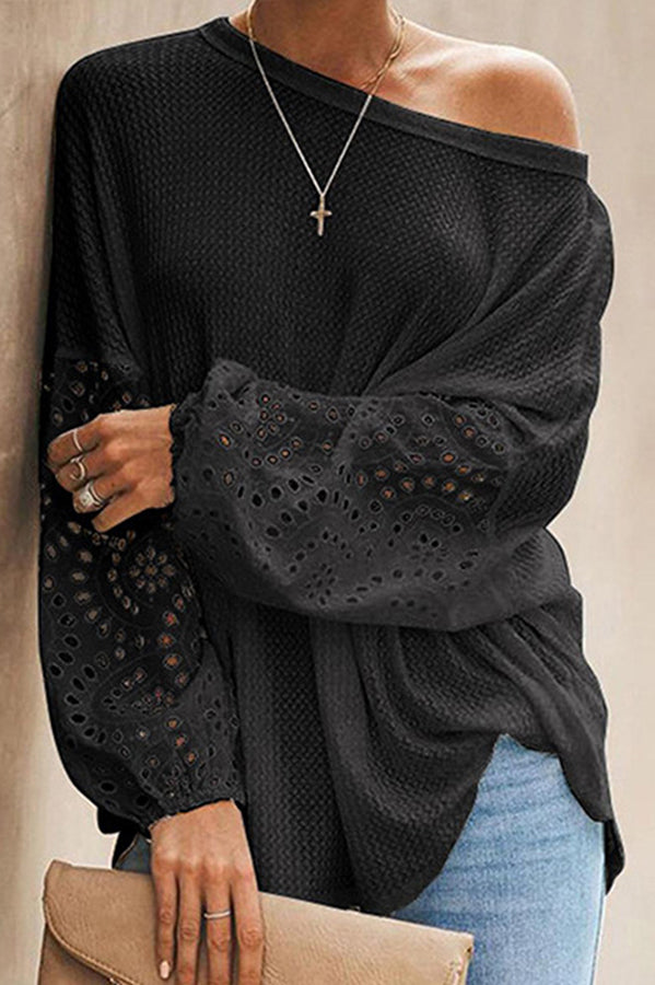 Round Neck Paneled Hollow Long Sleeved Top