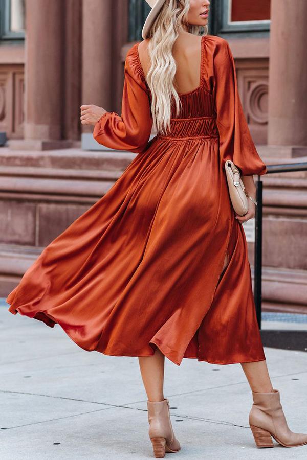 Maple Kiss Satin Pocketed Drawstring Midi Dress