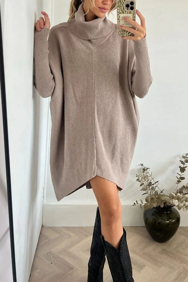 Perfect  Winter Walks Knit Turtleneck High-low Hem Loose Midi Sweater